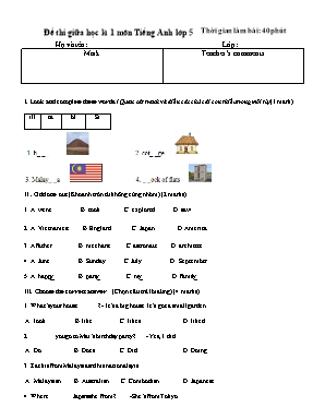 Đề kiểm tra Giữa học kỳ I môn Tiếng Anh Lớp 5 (Có đáp án)
